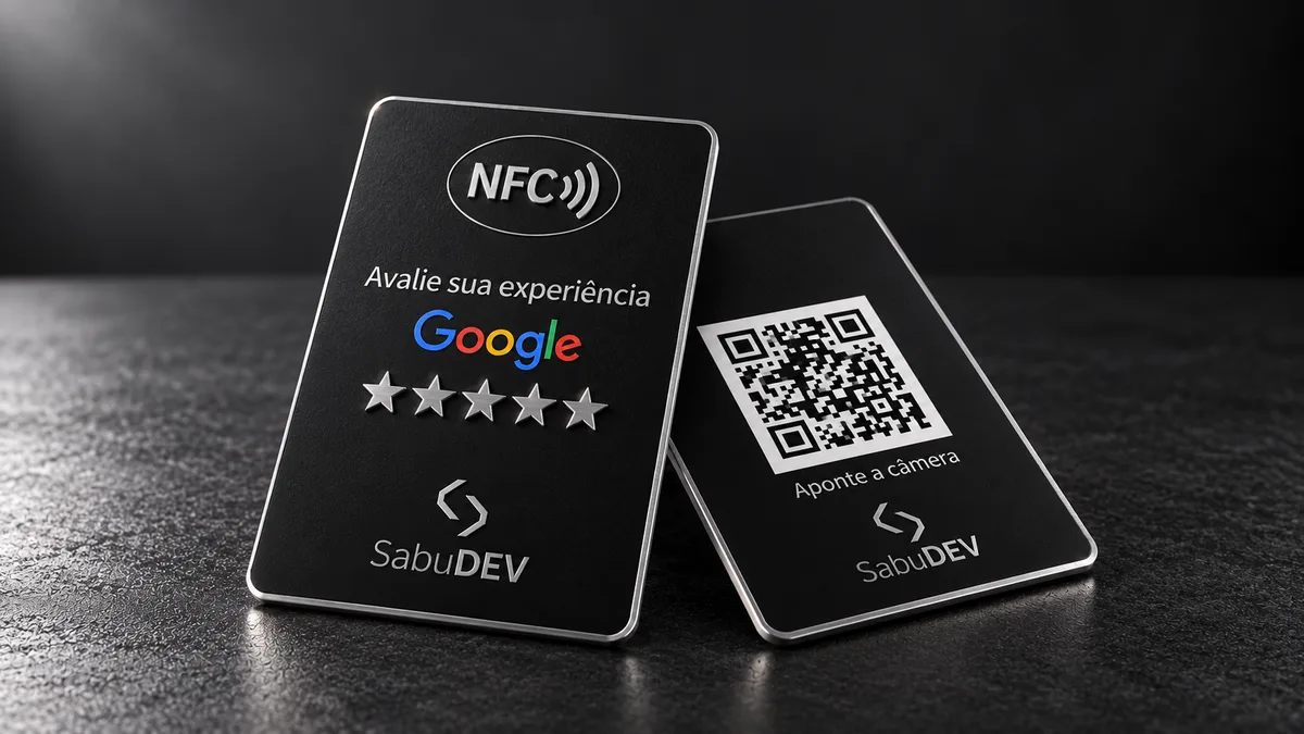 Mockup de cartões NFC personalizados SabuDEV, pretos e prateados, para avaliações no Google