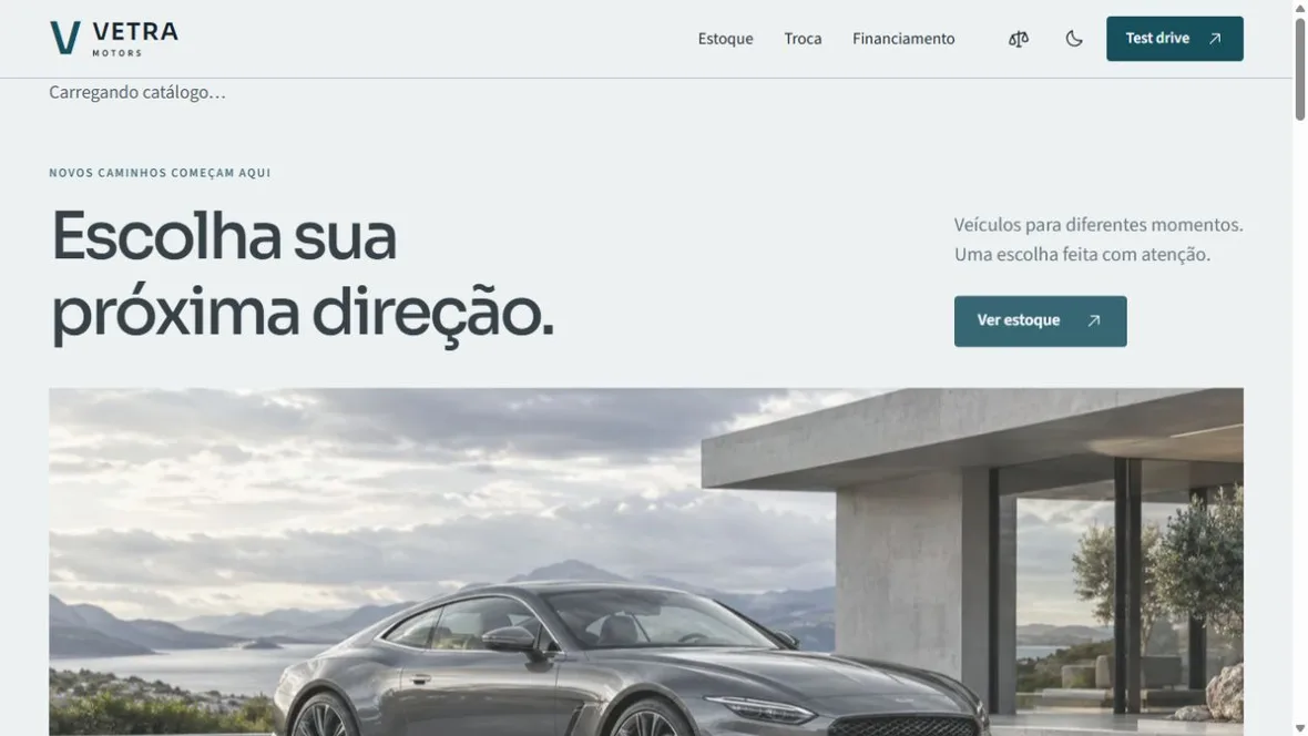 Página inicial da demonstração Vetra Motors